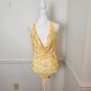 New Zara Bodysuit Top Size Medium Tulle Yellow Womens Mesh Deep Cowl Neck Fairy